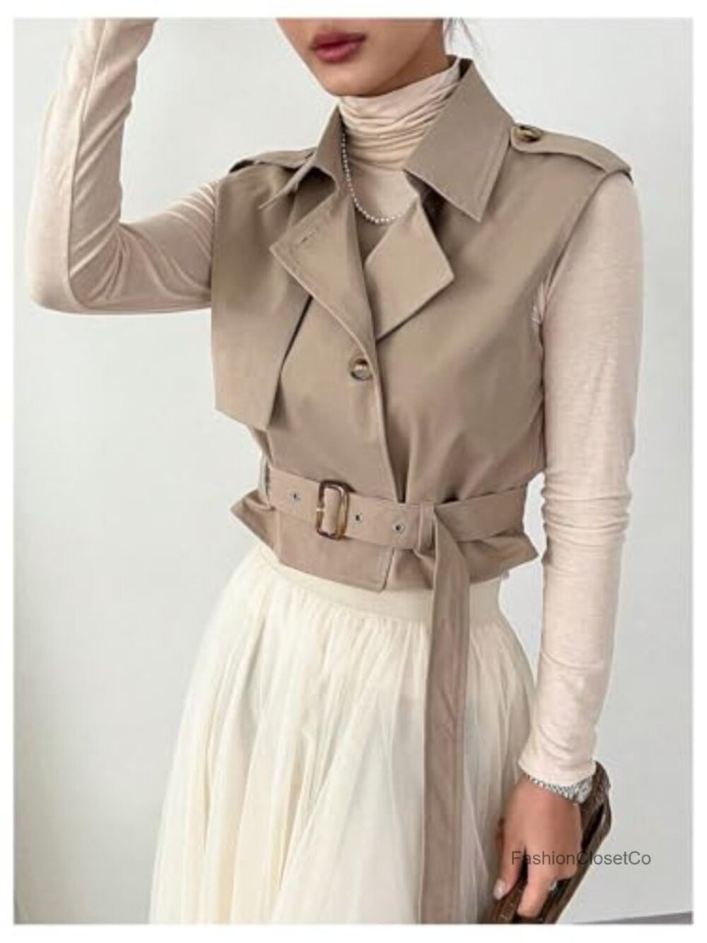 Sleeveless Cropped Trench Coat Belted Lapel Vest - Picture 3 of 6